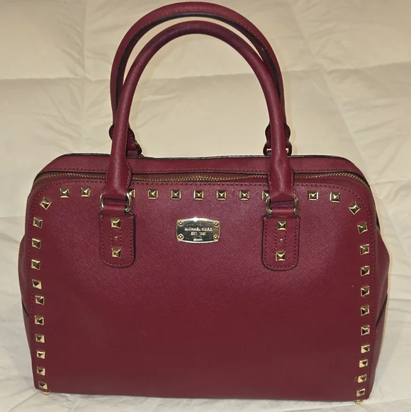 Michael Kors Red SANDRINE STUDDED SATCHEL - Picture 2 of 13